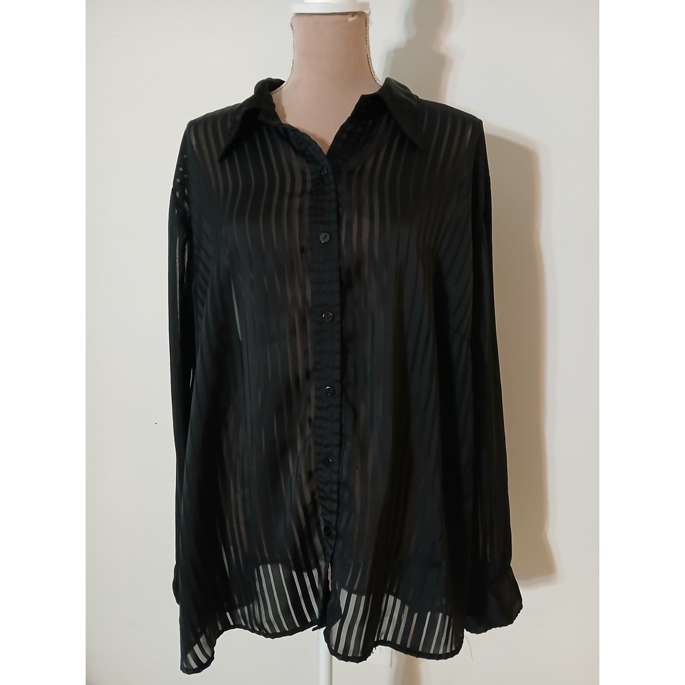 Venezia Jeans Black Sheer Shadow Stripe Button Down Blouse Plus Size 26/28 FLAW